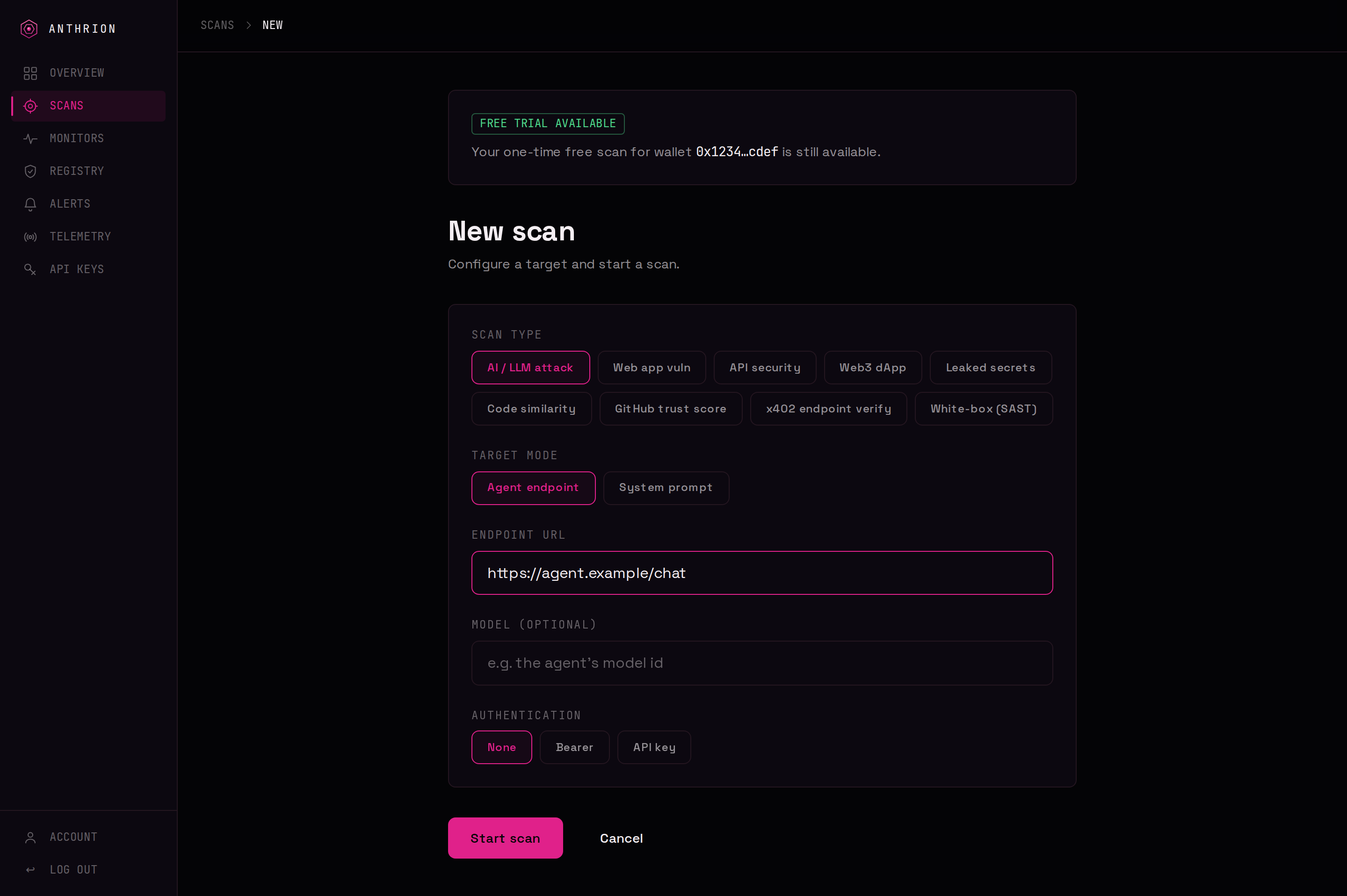 The New scan form with the scan-type picker showing all nine options and the AI / LLM attack target fields.