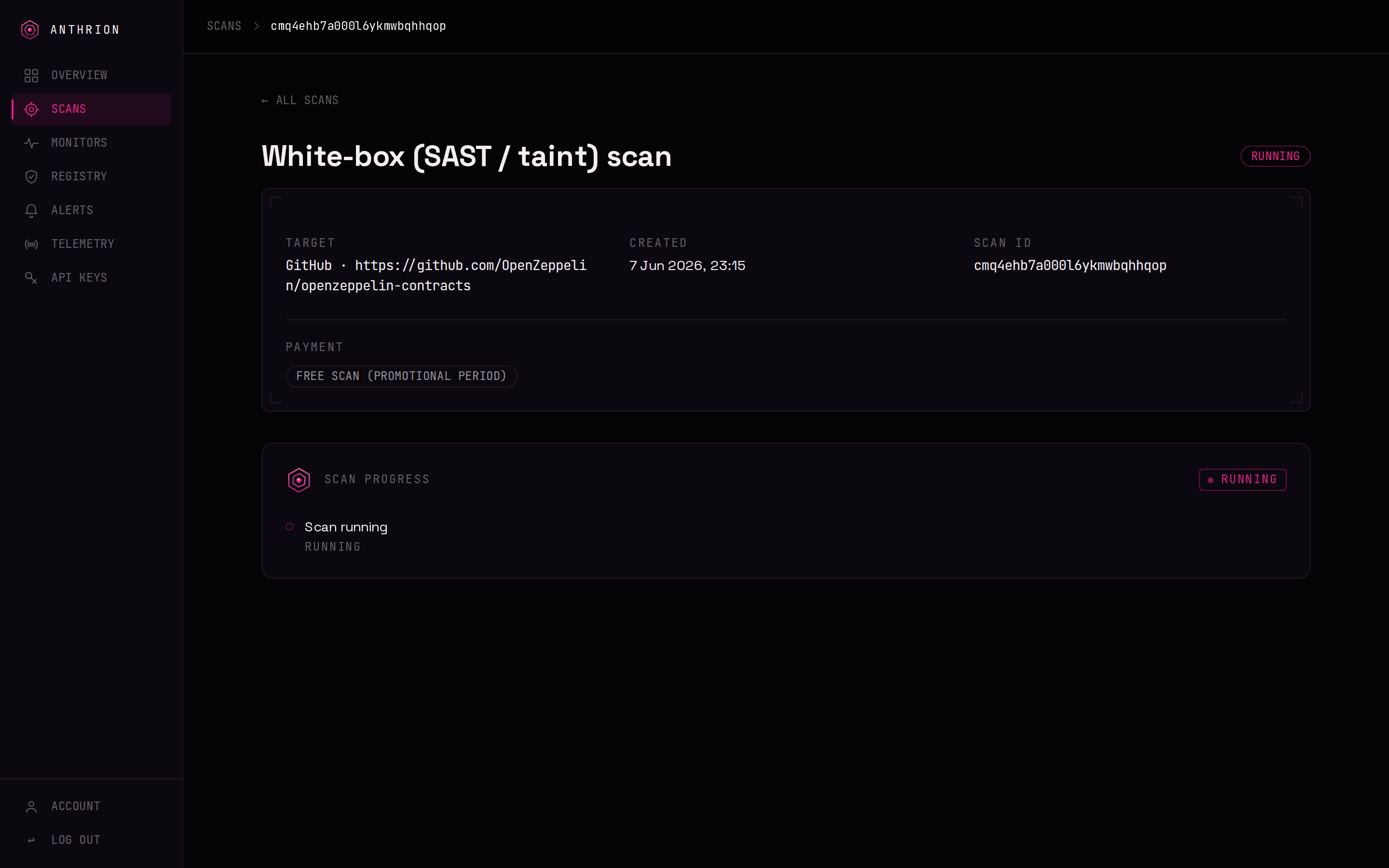 A running scan showing a RUNNING status chip and a live progress stream of the phases the scan is working through.
